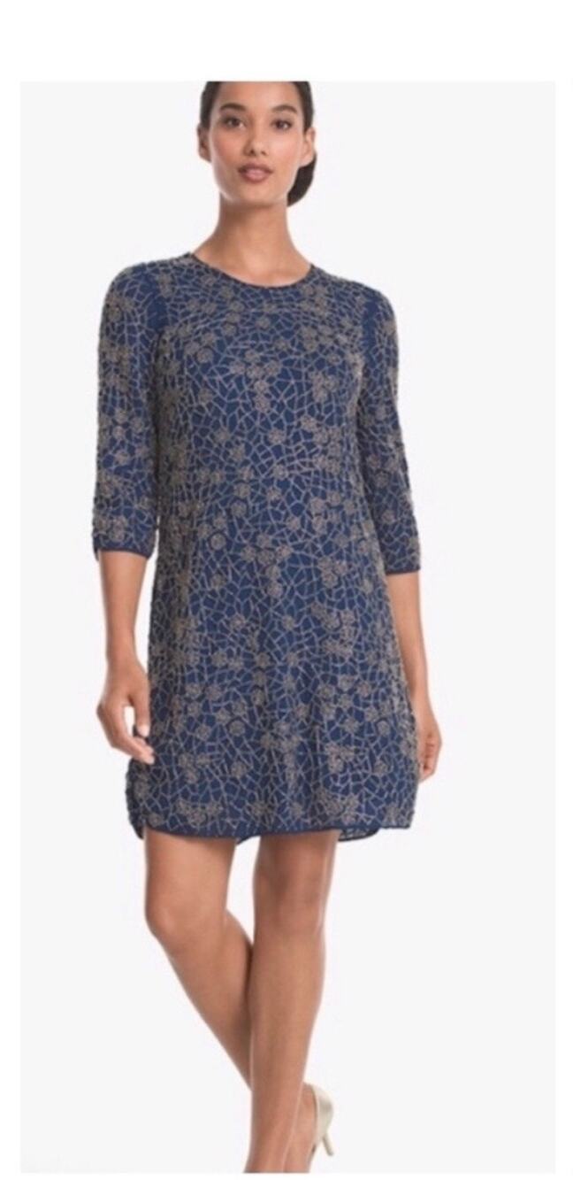 Parker Black Petra Ink Navy Blue Beaded 3/4 Sleeve Mini Dress Size 4